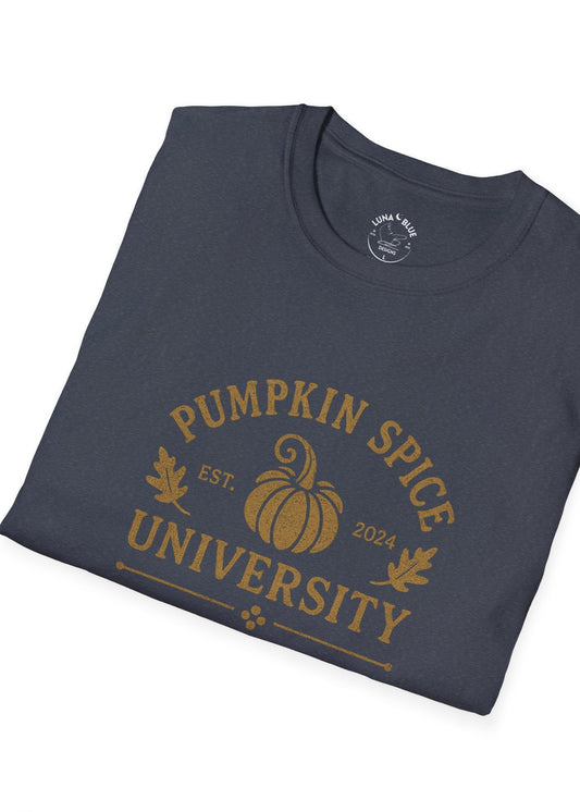 Pumpkin Spice University T-Shirt, Fall Apparel, Unisex Graphic Tee, Cute Thanksgiving Shirt, Cozy Autumn Outfit, Gift for Pumpkin Lovers